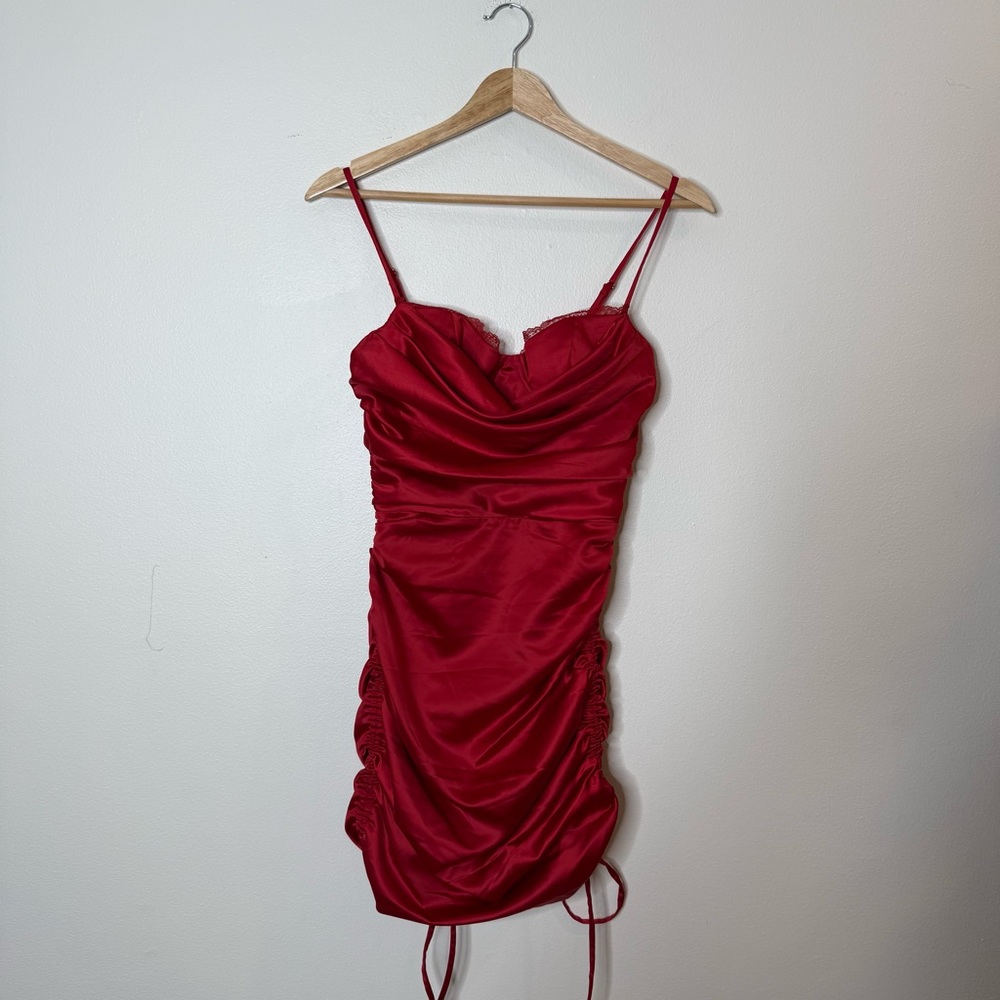 Oh Polly All For You Lace Trim Cowl Neck Satin Red Mini Dress holiday event - Picture 2 of 10
